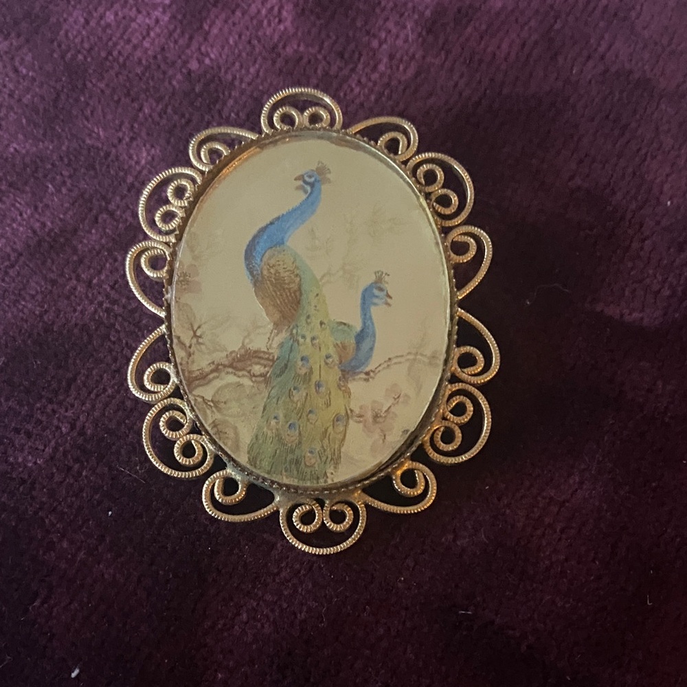 Vintage Peacock Brooch with Gold Filigree